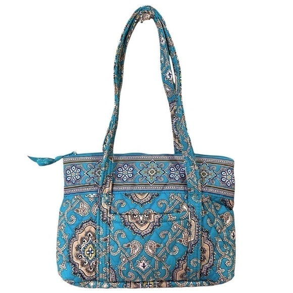 Vera Bradley Shoulder Bag Totally Turq Aqua/Brown/Tan/White EUC - Picture 1 of 8